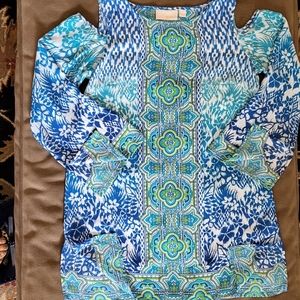 Kim Gravel ~ colorful print, cold shoulder, split long sleeve, split side Top